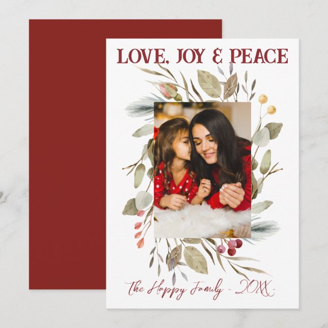 Invitation Elégante photo de famille Wreath Berries Rouge (Devant / Derrière)