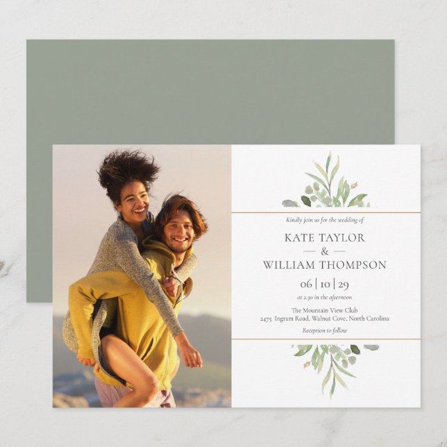 Invitation Élégante Photo de Mariage de Botanique Verte (Devant / Derrière)