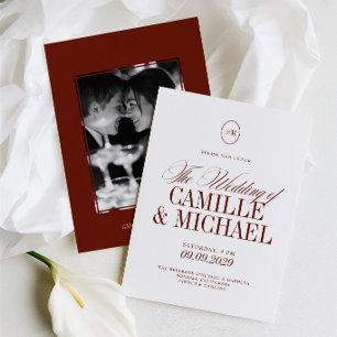 Invitation Élégante Photo de Mariage en Terre Cuite Rouge Fon
