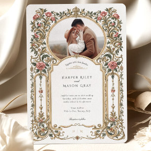 Invitation Élégante Photo de Mariage Florale Baroque Or
