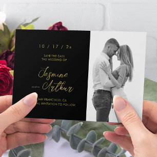 Invitation Élégante Photo de Mariage Noir et Or à Conserver p