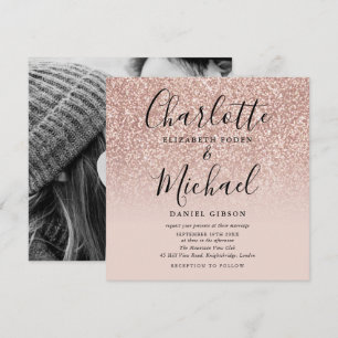 Invitation Élégante Photo de Mariage Rose Gold Pailletée Scri
