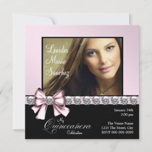 Invitation Élégante Photo de Nœud Rose en Diamant Quinceanera