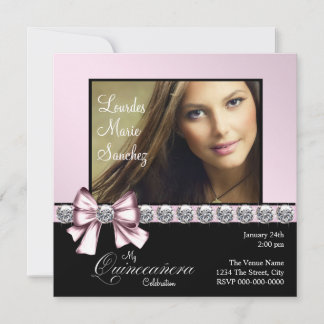 Invitation Élégante Photo de Nœud Rose en Diamant Quinceanera