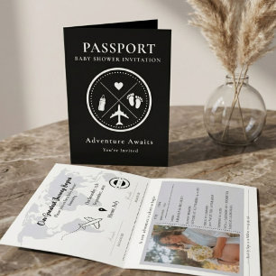 Invitation Élégante Photo de Passeport Noir pour Baby Shower