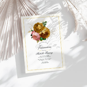 Invitation Élégante photo de Quinceañera florale en or et ros