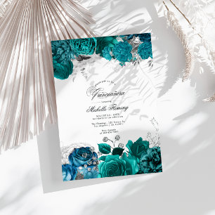Invitation Élégante photo de Quinceañera florale sarcelle et