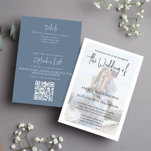 Invitation Elégante photo Dusty bleu minimaliste QR Code RSVP