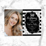 Invitation Elégante photo en argent blanc noir 50e anniversai<br><div class="desc">Elégante invitation au 50e anniversaire fleurie féminine avec votre photo. Noir noir blanc rouge design avec fausse parties scintillant argent. Caractéristiques noir et blanc rayures, roses rouges, police de script et confetti. Parfait pour une fête anniversaire adulte élégante. Personnalisez avec vos propres détails. Peut être customisé pour n'importe quel âge...</div>