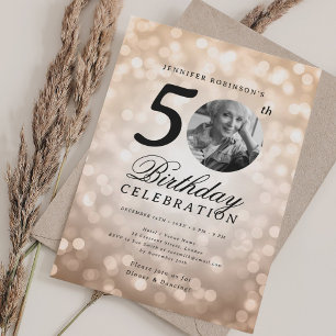 Invitation Élégante Photo Fête d'anniversaire 50 ans Rose Gol