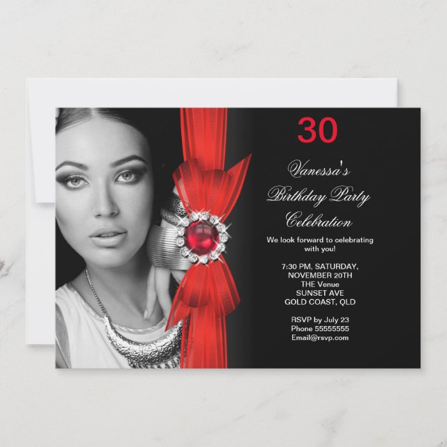 Invitation Élégante Photo Fête d'anniversaire Deep Red Black (Devant)