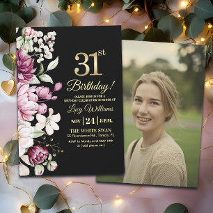 Invitation Élégante Photo Fleurie Or 31 Anniversaire