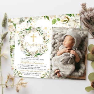 Invitation Élégante photo florale hiver fille Baptême