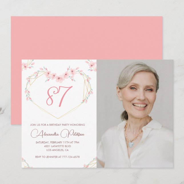 Invitation Élégante Photo Florale Moderne Bohème 87e annivers (Devant / Derrière)