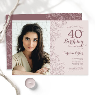Invitation Elégante photo florale rose Dusty 40e anniversaire
