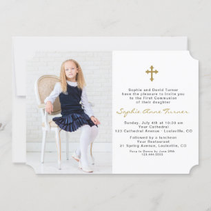 Invitation Elégante Photo Girl Gold Cross First Holy Communio
