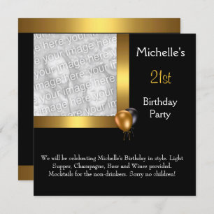 Invitation Elégante photo Gold Black Balloon 21e anniversaire