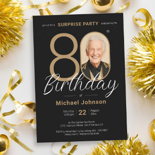 Invitation Elégante photo Gold Black Surprise 80e anniversair