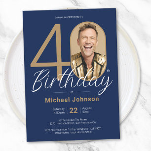 Invitation Elégante photo Gold Marine Blue 40e anniversaire