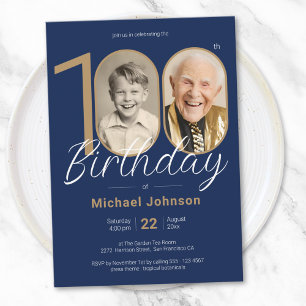 Invitation Elégante photo Gold Navy Blue 100e anniversaire