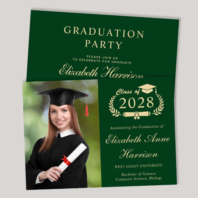 Invitation Élégante photo Green College Graduation Party (An elegant college graduation party invitation to celebrate the graduate's achievements)