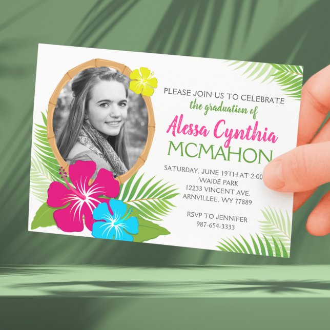 Invitation Élégante photo Hawaiian Luau Graduation (Tropical Luau Graduation 1 Photo Invitation. Available Printed with envelopes or Digital Download)