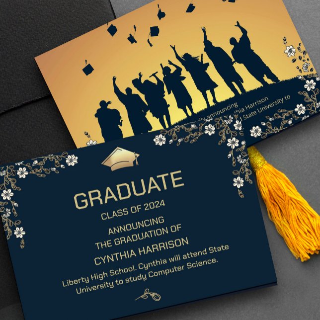 Invitation Elégante photo Marine bleu et or floral ("A touch of elegance for your gratitude! 🌷🎓 #partygraduat #floralaccents #navyandgoldpalette #navy)