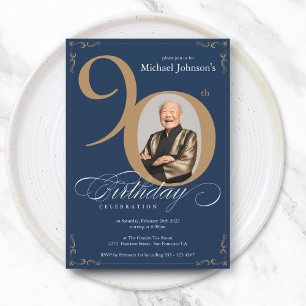 Invitation Elégante photo Marine Blue Gold 90e anniversaire