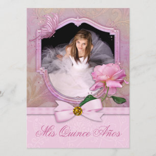 Invitation Élégante Photo Papillon Rose Quinceanera