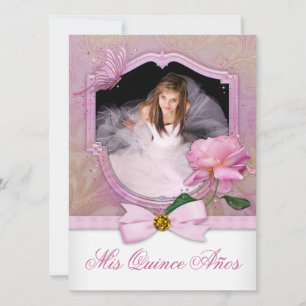 Invitation Élégante Photo Papillon Rose Quinceanera