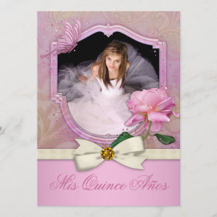 Invitation Élégante Photo Papillon Rose Quinceanera