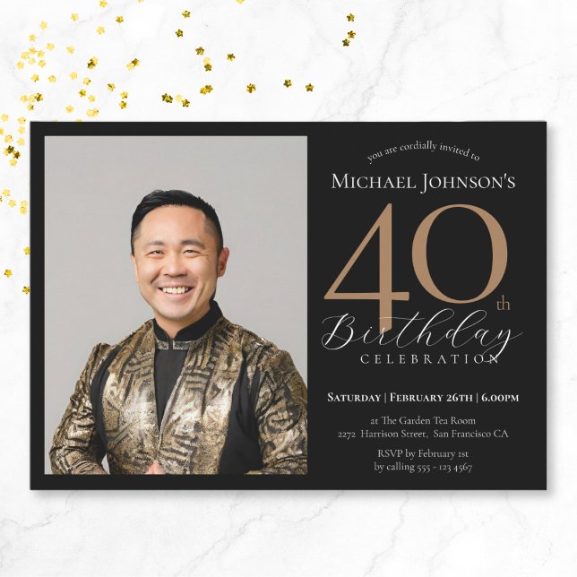 Invitation Elégante photo personnalisée Black Gold 40e annive (Elegant Custom Photo Black Gold 40th Birthday Invitation)