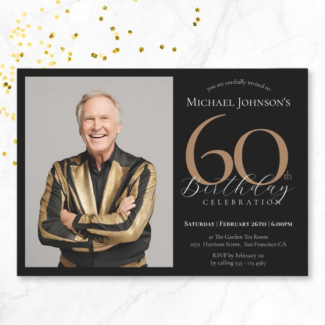 Invitation Elégante photo personnalisée Black Gold 60e annive (Elegant Custom Photo Black Gold 60th Birthday Invitation)