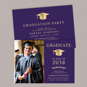 Invitation Élégante Photo Purple Gold College Graduation Part