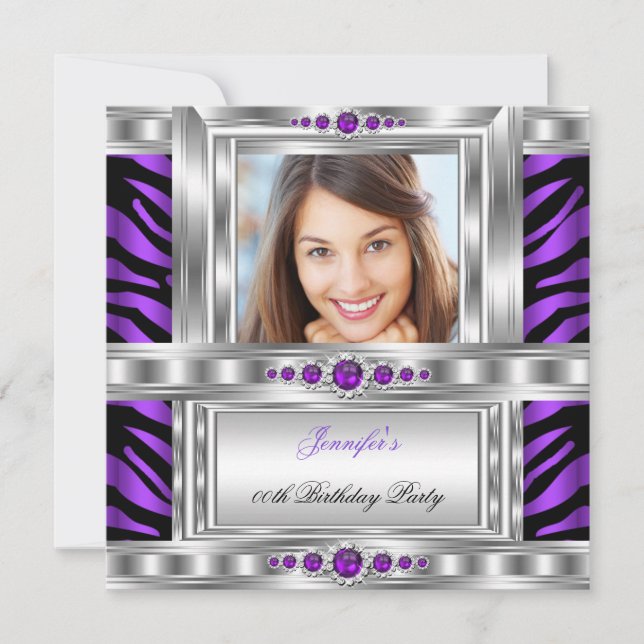 Invitation Elégante Photo Purple Zebra Silver Birthday Party (Devant)