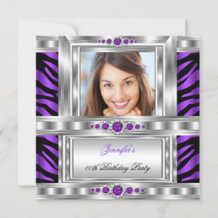 Invitation Elégante Photo Purple Zebra Silver Birthday Party