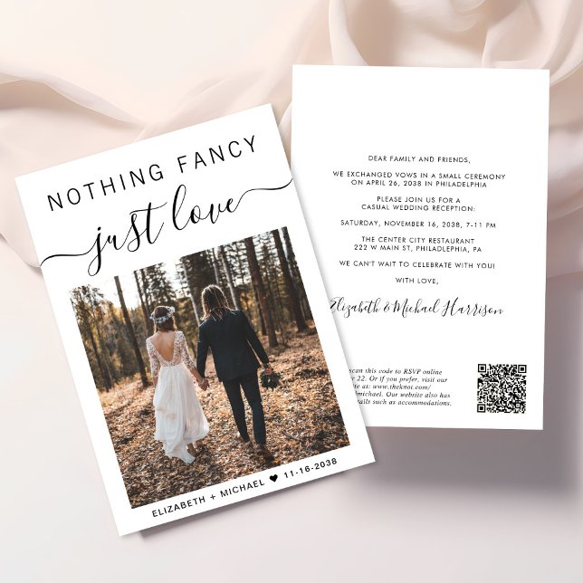 Invitation Elégante Photo QR Code Réception de mariage Décont (Input your wedding website address to create a QR code for guests to scan to RSVP online)
