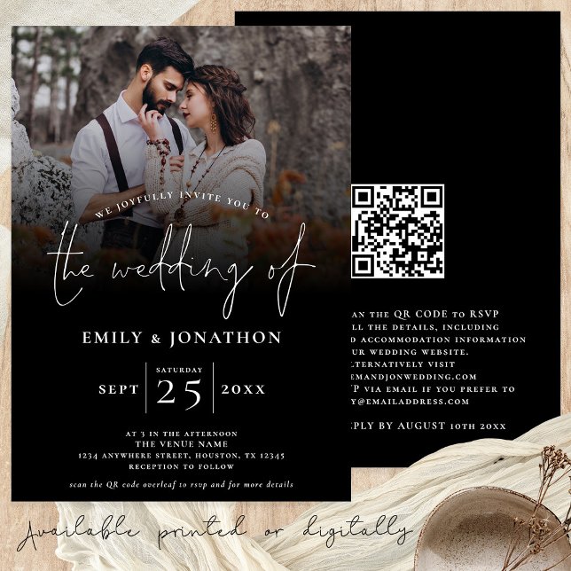 Invitation Élégante photo QR Code Script Mariage noir (Wedding invitation with custom photo black overlay and your QR code. Available digitally or printed)