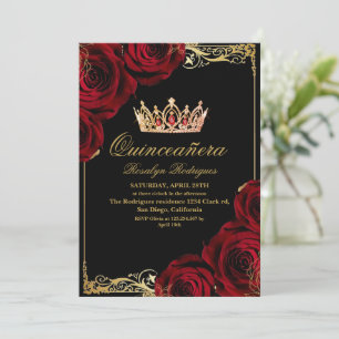 Invitation Élégante Photo Quinceanera Noir Rouge Or