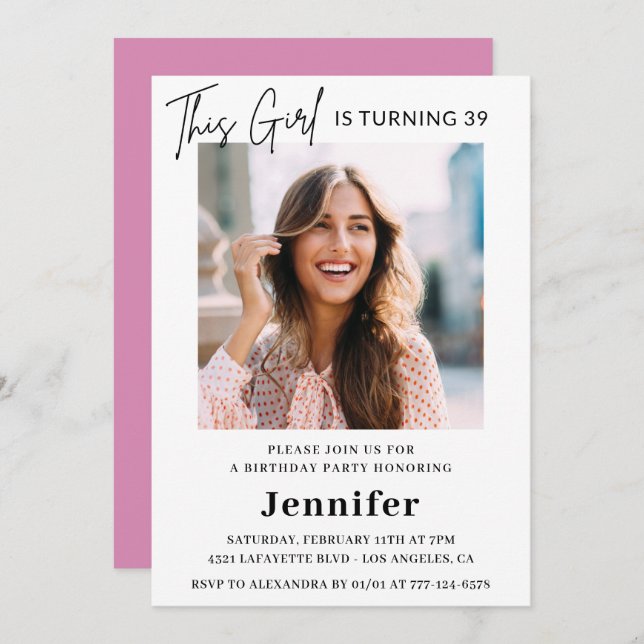 Invitation Élégante photo rose moderne 39e anniversaire (Devant / Derrière)