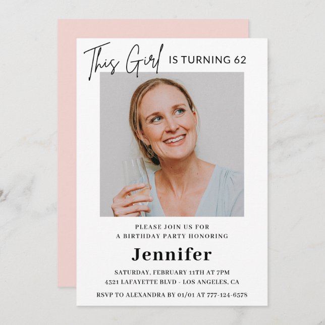 Invitation Élégante photo rose moderne 62e anniversaire (Devant / Derrière)