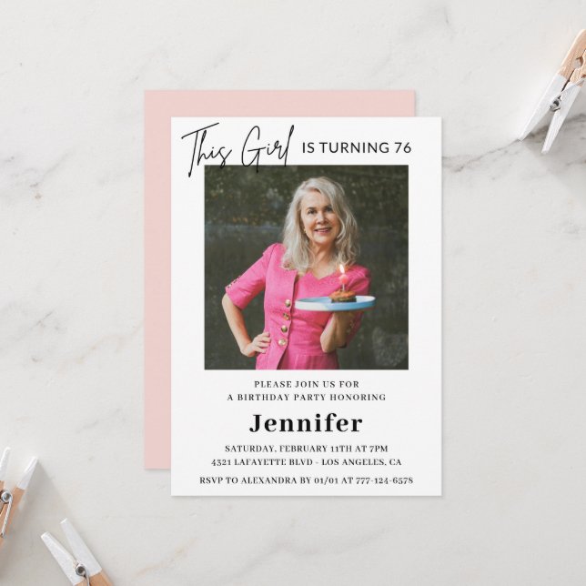 Invitation Élégante photo rose moderne 76e anniversaire (Devant/Arrière en situation)