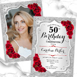 Invitation Elégante photo rouge argent 50e anniversaire<br><div class="desc">Elégante invitation à 50e anniversaire fleurie avec votre photo au verso de la carte. Design de glam avec fausse parties scintillant argent. Comprend des rayures argentées, des roses rouges, des caractères de script et des confettis. Parfait pour une fête anniversaire adulte élégante. Personnalisez avec vos propres détails. Peut être customisé...</div>