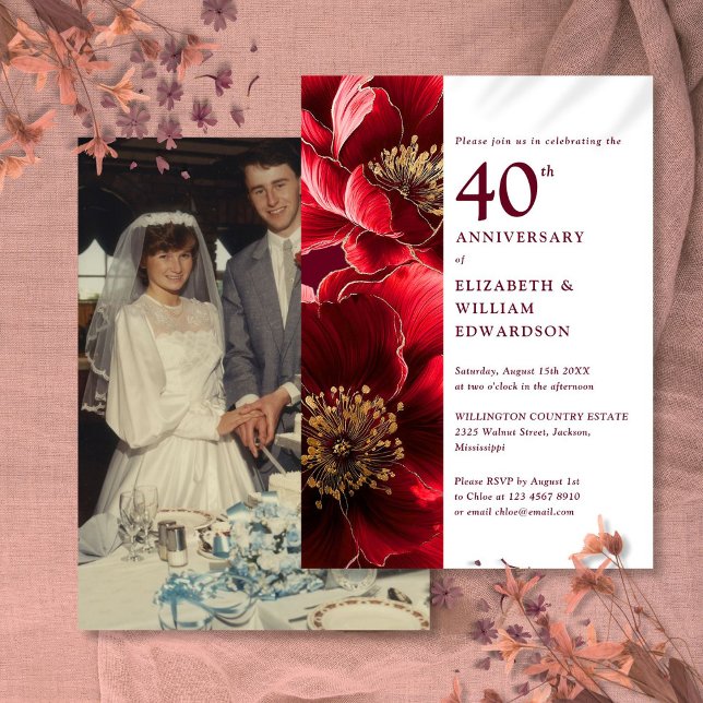 Invitation Élégante photo rouge or floral 40e anniversaire (Elegant Red Gold Floral 40th Anniversary Photo Invitation)