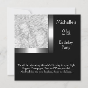 Invitation Elégante photo Silver Black 21e anniversaire