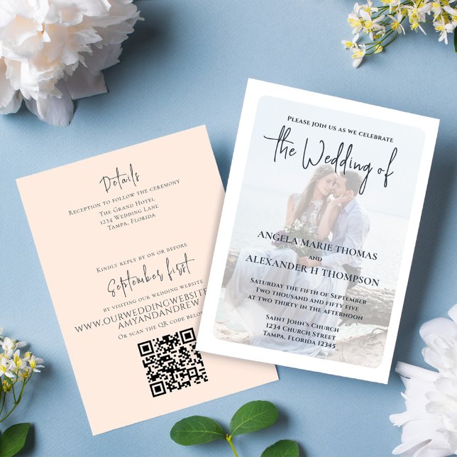 Invitation Elégante photo simple Code QR RSVP Online Peach (Elegant Wedding invitation with a minimalist photo vellum photo overlay effect.)