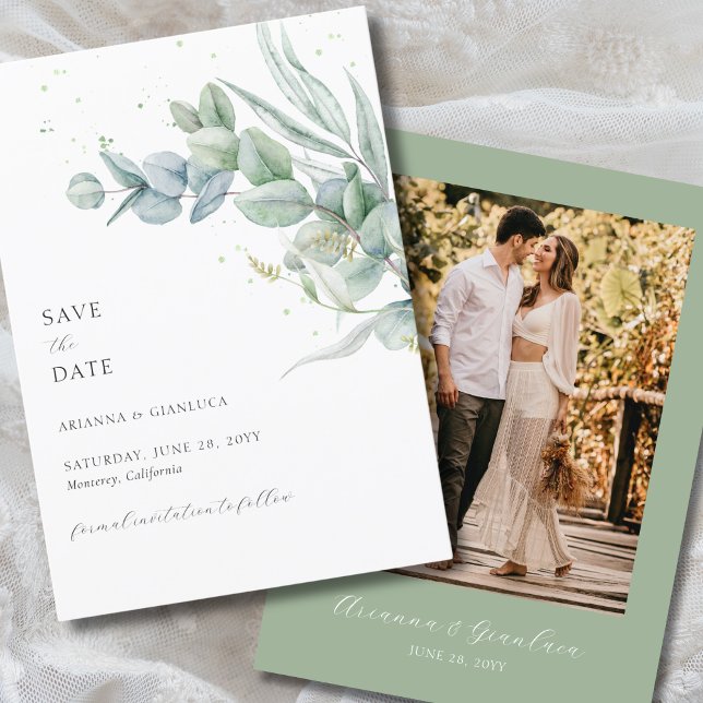 Invitation Élégante photo verte de taille simple Enregistrer  (Elegant, sage green, save the date card with watercolor greenery, calligraphy script and photo)