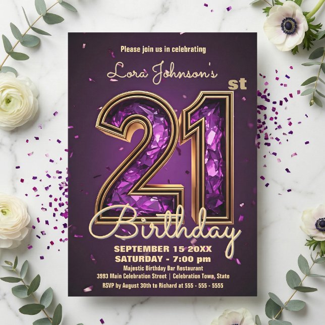 Invitation Élégante pierre précieuse Deep Purple or 21e anniv (Créateur téléchargé)