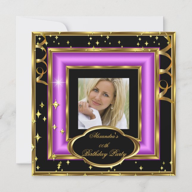 Invitation Elégante Pink Black Gold Photo Anniversaire Party  (Devant)