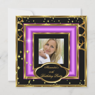 Invitation Elégante Pink Black Gold Photo Anniversaire Party